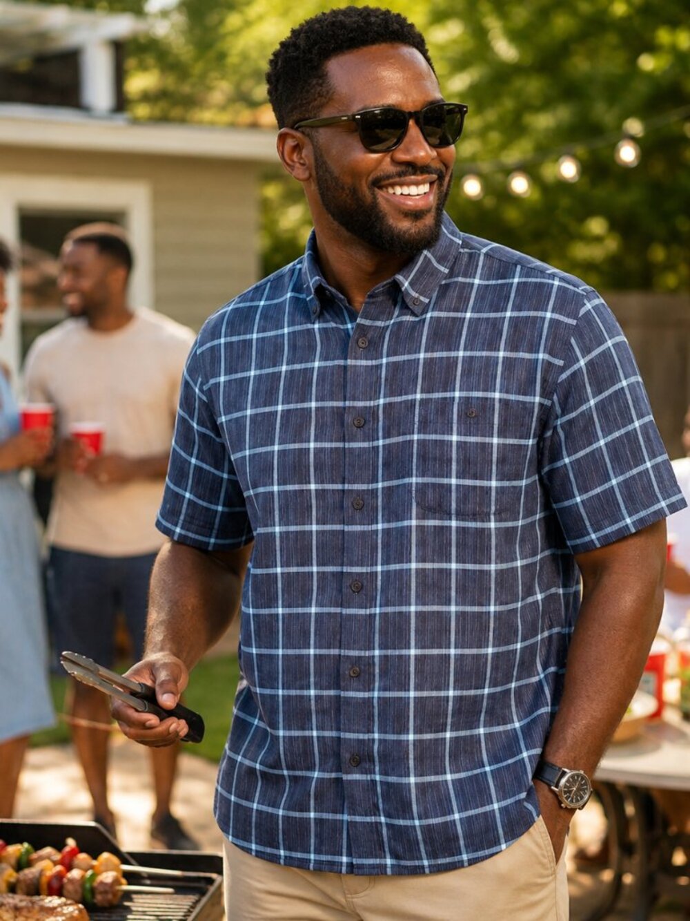 George Blue Plaid Casual Button-Up Large Short Sleeve Shirt